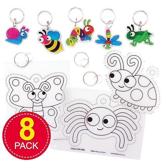 Baker Ross AT609 Bug Super Shrink Keyring Kits - Pack of 8, Make Your Own Key Rings for Kids to Color In, Make and Display, White