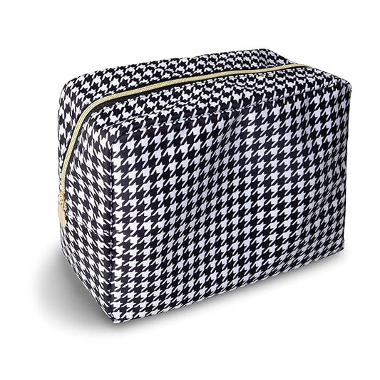 UIXIZQ Large Makeup Pouch, Nylon Women Travel Toiletry Storage Houndstooth Cosmetic Bag for Girls, Big Preppy Makeup Organizer Cute Zipper Pouch Skincare Bag for Sport School (Large-Houndstooth)