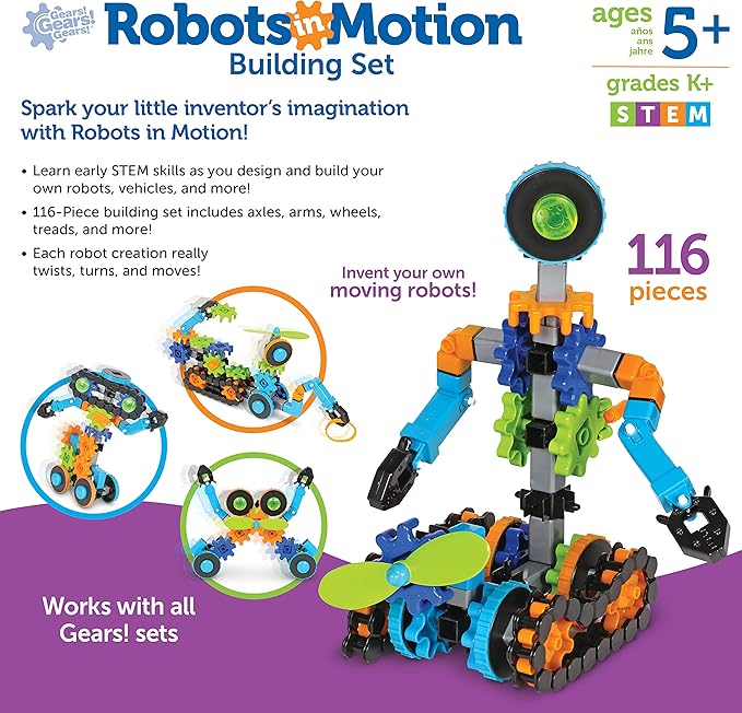 Learning Resources Gears! Gears! Gears! Robots in Motion Building Set - 116 Pieces, Ages 5+, Robot Toy, STEM Toys for Kids, Robots for Kids