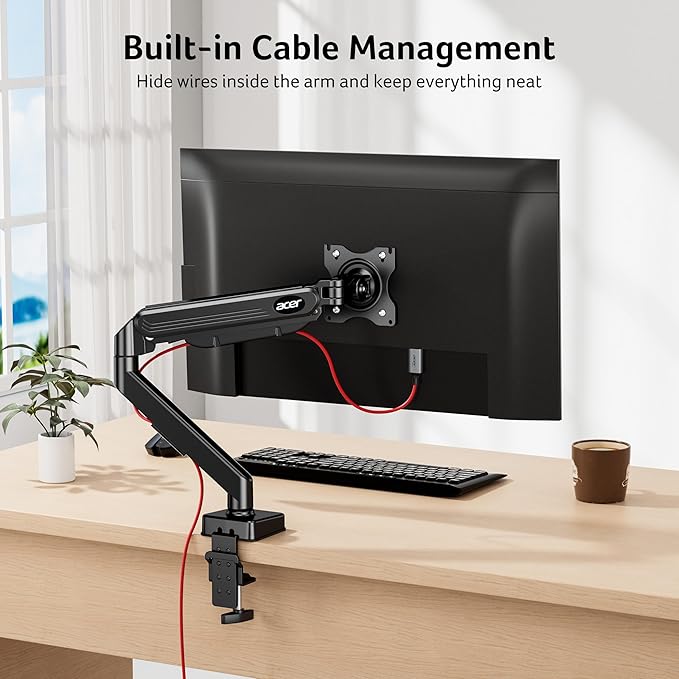 Acer Single Monitor Mount, Fully Adjustable Monitor Arm Fits 17 to 34 Inch Screens, Gas Spring VESA Mount with C-Clamp & Grommet Base, Computer Desk Arm with Tilt Swivel Rotate Supports 4.4-19.8 lbs