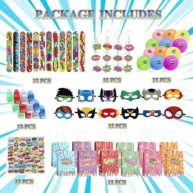 APZ 122 Pcs Superhero Party Favors -Superhero Mask Slap Bracelets Keychains Stickers Punch Balloons Finger Lights and Gift Bags for Kids Hero Party Supplies Birthday Decorations