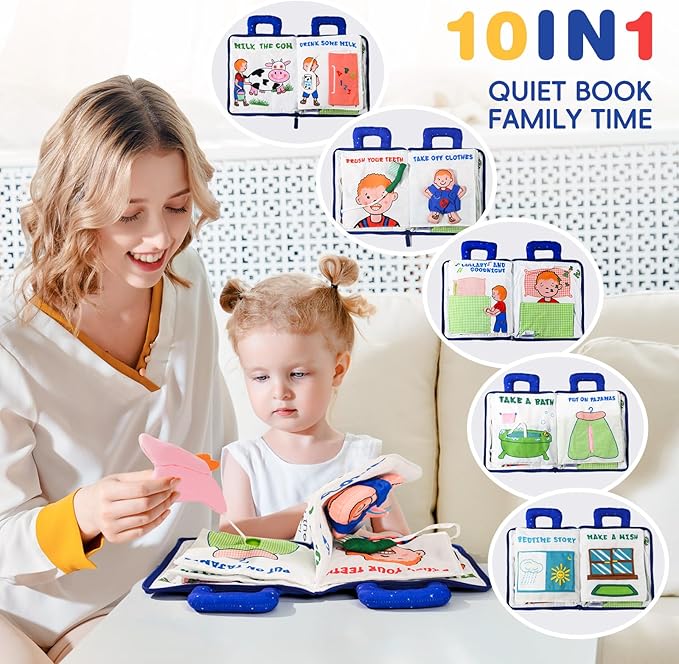 Jollybaby Baby Soft Busy Books for Toddles - Lullaby and Goodnight Quiet Book, Travel Toy & Montessori Educational, 10 Preschool Learning Activities for 1 2 3 Year Old Toddlers Boy Girl(Navy)