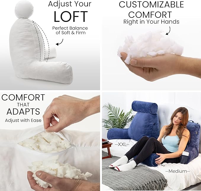 Husband Pillow XXL - Reading Pillow Bed Chair with Arms & Back Support - Dark Blue - Back Pillow for Beds Sitting Up - Bed Rest Arm Pillow - Comfy Reading Pillow for Adults