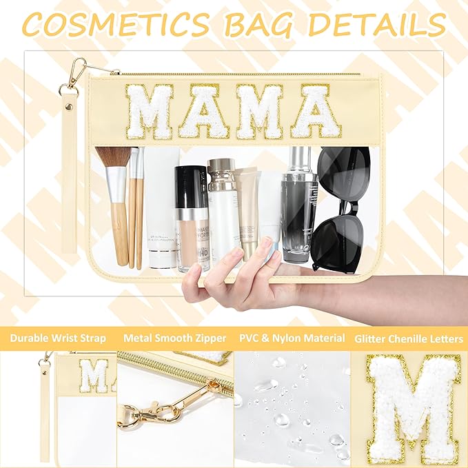 BuyCard 2 Pcs Preppy Patch Clear Mama Bag, Women Chenille Letter Makeup Cosmetic Bag for Travel, PVC Waterproof Organization Outdoor Zipper Pouch Toiletry Bag for Women Girl