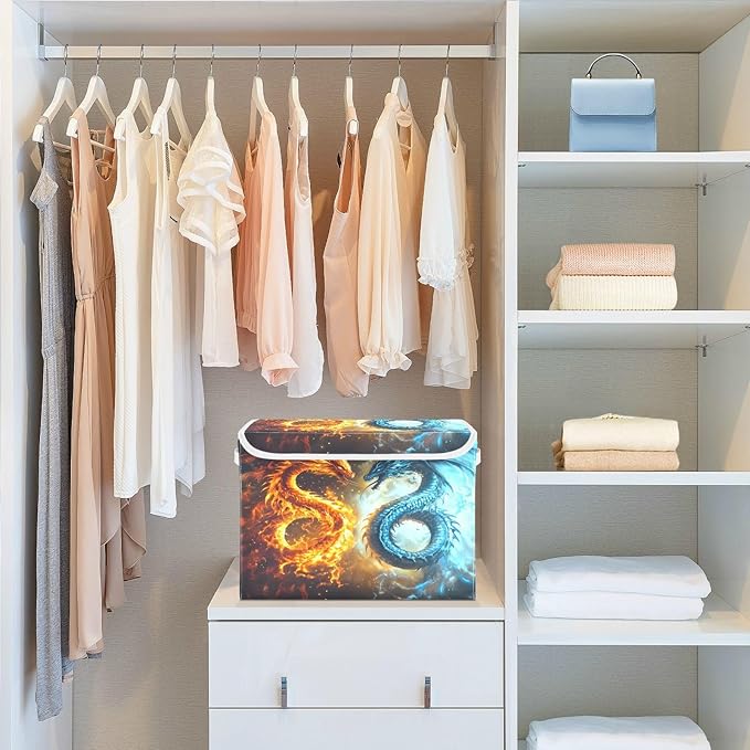 senya Large Storage Bins with Linen Collapsible Foldable Storage Cubes Fabric Closet Organizer Containers box with Flip-Top Lid for Home Bedroom Office 16.7 x 12.6 x 11.8in (Dragon Fire Pattern)