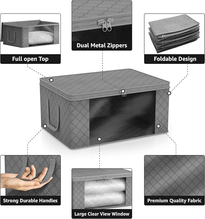Sorbus Medium Clothes Storage Bags - Foldable Blanket Storage Bins for Organizing Bedroom, Closet, Clothing, Comforter, Organization with Clear Window, Lids and Carry Handles - Set of 6