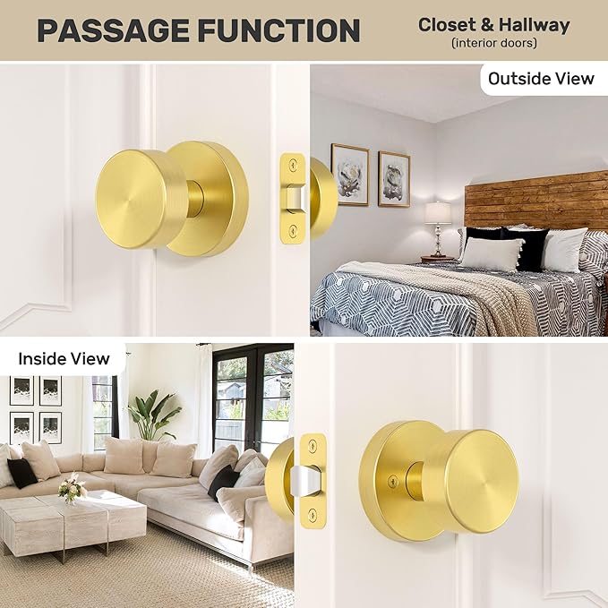 Passage Door Knobs Interior, Brushed Gold Door Knob for Closet, Brushed Brass Door Knob for Hallway, Heavy Duty Modern Round Door Handle