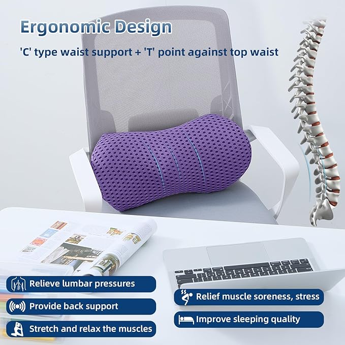 Lumbar Pillow, Memory Foam Lumbar Support Pillow for Office Chair and Car Seat, Ergonomic Streamline Back Pillow for Lower Back Pain Relief, Back Support Pillow for Sitting, Driving, Traveling