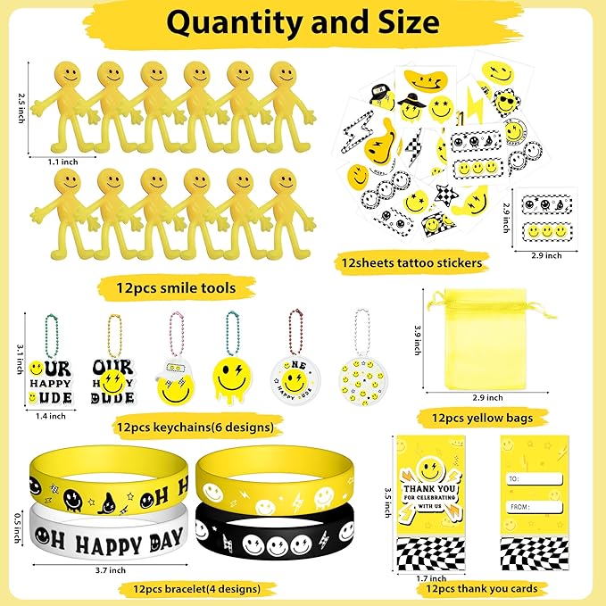 72PCS One Happy Dude Birthday Party Favor for Kids Smile Face Theme Gifts Set Include Bracelet Tatto Thank You Card with Keychain and Organza Smile Party Classroom School Supplies