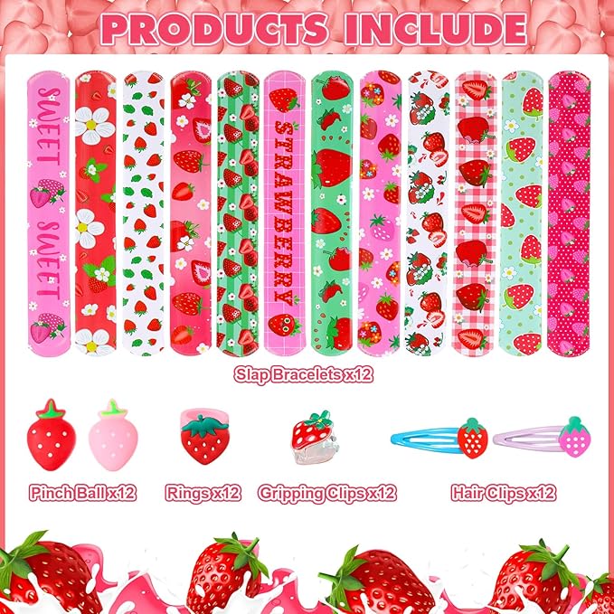 Blosssound 170 Pcs Strawberry Party Favors Set Strawberry Pendant Necklace Hair Rope Gripping Clips Bracelets Keychains Pinch Ball Stickers for Girls Baby Shower Birthday Party Decorations Supplies