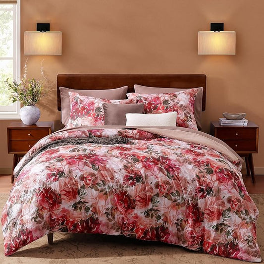 CASAAGUSTO King Comforter Set, 7 PCS Red Rose Floral Comforter Set with Flowers Leaves Pattern, Soft Seersucker Design All Season King Size Bedding Set(102"X90")