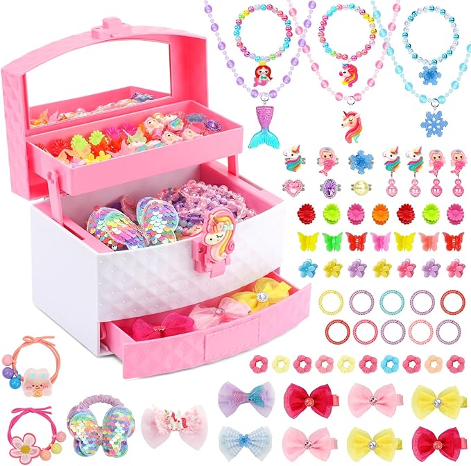 Kids Jewelry for Girls, 68Pcs Toddler Jewelry Toys Princess Dress Up Jewelry Set, Necklaces, Bracelets, Kids Rings, Hair Ties, Hair Clips, Funny Christmas Birthday Gifts for 3 4 5 6 7 8 Year Old Girl