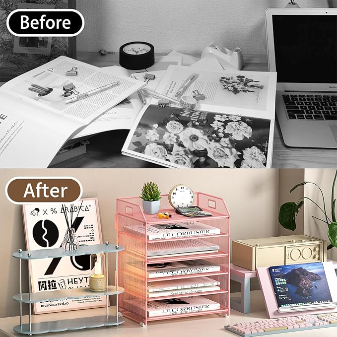 6 Tier Desk Organizer, Heavy-Duty Thick Metal Letter Tray Organizer, Large Capacity Desktop File Organizer for Heavy Files, Easy to Assemble for Home, Office & Classroom,Black,Pink