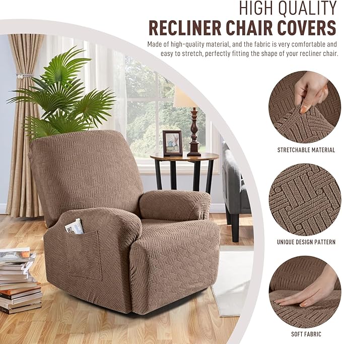 KinCam Recliner Covers, Stretch Reclining Chair Covers, Recliner Sofa Slipcovers Stripe Jacquard Recliner Couch Covers Furniture Protector Covers for Pet Kid (1 Seater, Light Coffee)