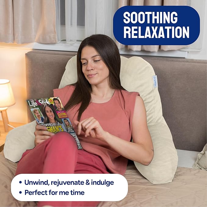 ComfortSpa Reading Pillow for Bed Adult Size, Back Rest Pillow with Arms, Pockets and Washable Cover; Use as a Back Pillow for Sitting in Bed for Bedrest or Relief from GERD Heartburn (Large Cream)