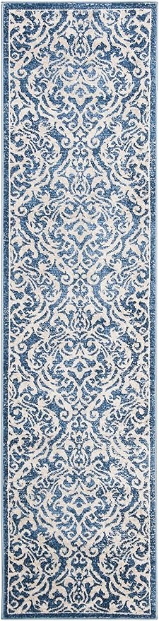 SAFAVIEH Brentwood Collection 2' x 10' Navy / Cream BNT810N Damask Non-Shedding Living Room Entryway Foyer Hallway Bedroom Runner Rug