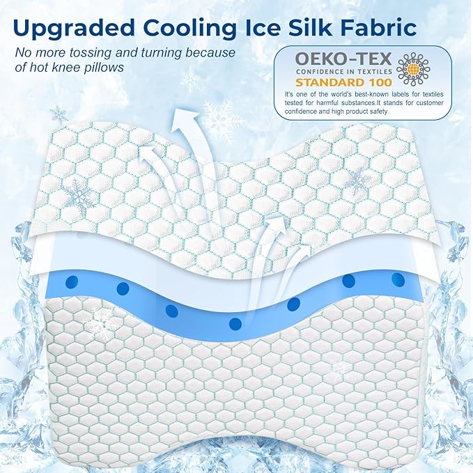 KingPavonini Cooling Knee Pillow for Side Sleepers, Gel Memory Foam Leg Pillows for Side Sleeping with Ice Silk Cover and Strap, Knee Pillow for Back Hip Pain, Spine Aligning, Sciatica, Pregnancy