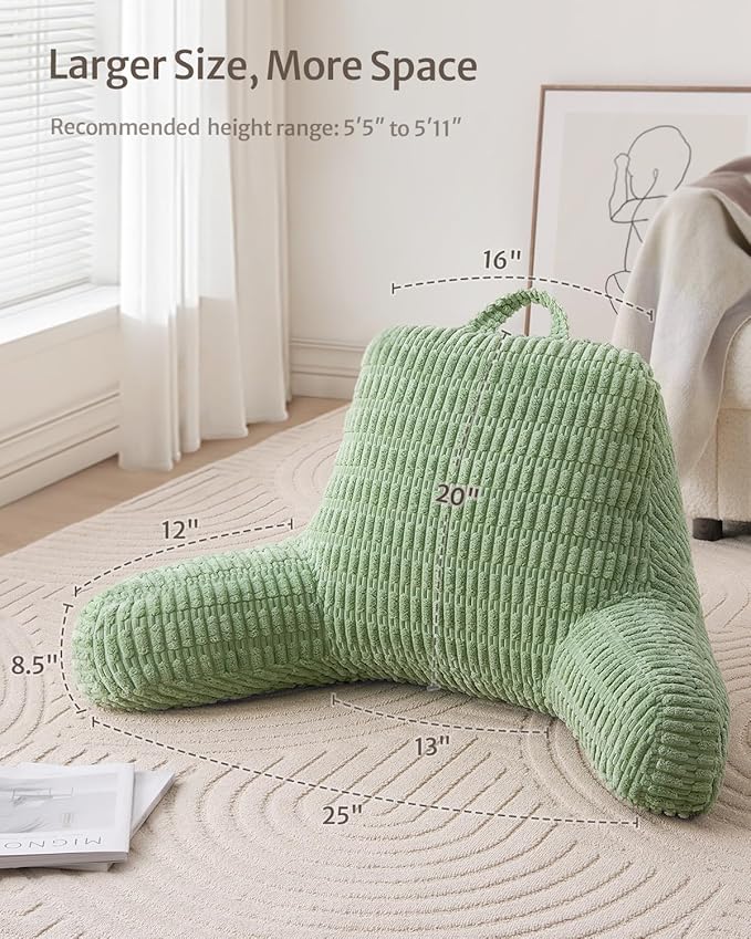 Blissful Diary Reading Pillow, Large Backrest Pillow with Shredded Memory Foam for Adult & Children, Designed for Bed and Couch Sitting Up, Includes Arms, Pockets and Washable Cover, Sage Green