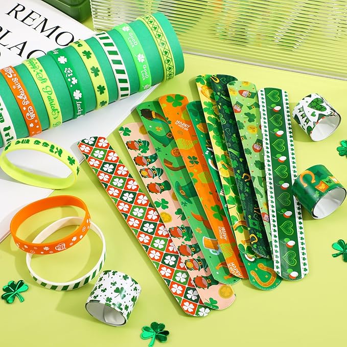 JUNEBRUSHS 50Pcs St Patricks Day Party Favors Slap Bracelets Rubber Bracelets, Assorted Silicone Wristbands Snap Bracelets for Kids St Patricks Day Classroom Gifts St Patricks Day Goodie Bag Stuffers