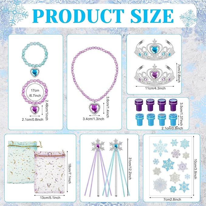 Cholemy 12 Sets Snowflake Wand and Crown Princess Goodie Bags Stuffers Fillers Blue Purple Snowflakes Birthday Supplies with Bracelet Necklace Earrings Rings Tattoo Stamp Silver Heart Jewelry