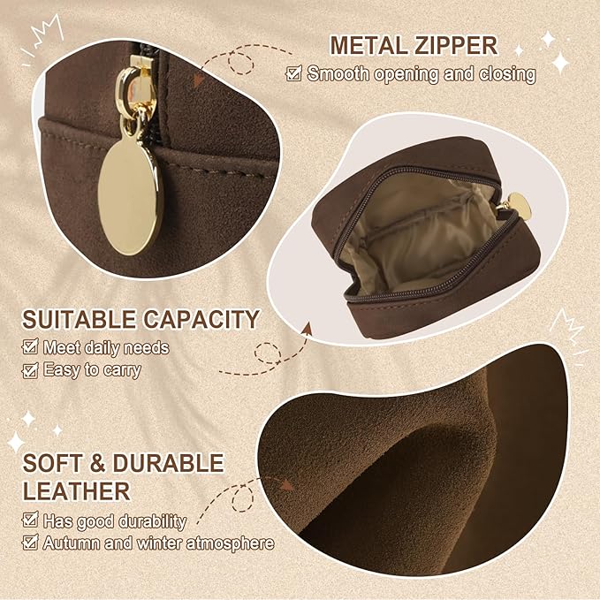 UIXIZQ Waterproof Mini Makeup Bag for Purse,Small Cosmetic Pouch Suede Travel Toiletry Organizers Bag for Women Girls,Cute Zipper Preppy Coin Purse Sanitary Napkin Storage Bag for Work(Mini-Coffee)