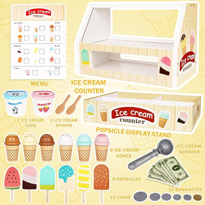 Ice Cream Counter Playset for Kids, Montessori Pretend Play Food Toys Kitchen Accessories Wooden Popsicle Set with Scoop & Fake Cash,Ice Cream Shop Toys Toddler Learning Toy for Kids