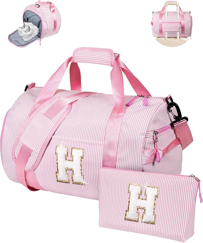 12 Year Old Girl Birthday Gifts, Girls Travel Duffle Bag, Kids Initial Overnight Bags with Shoe Compartment, Personalized Weekender Bag with Makeup Pouch, Gift for Grandkids (Letter H)