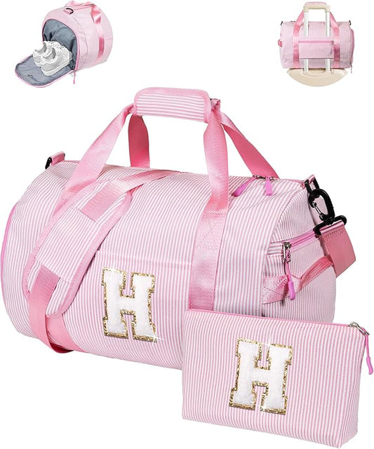 12 Year Old Girl Birthday Gifts, Girls Travel Duffle Bag, Kids Initial Overnight Bags with Shoe Compartment, Personalized Weekender Bag with Makeup Pouch, Gift for Grandkids (Letter H)