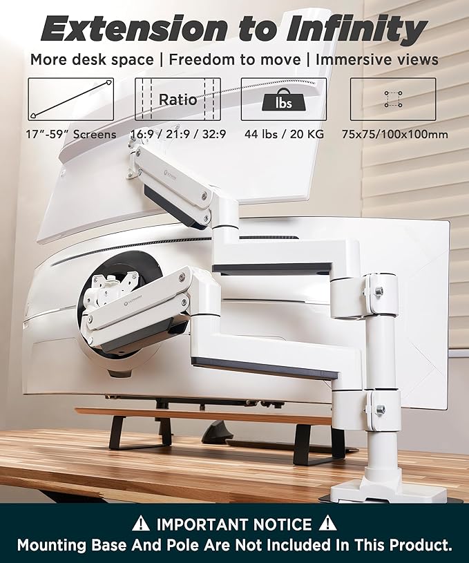 ULTRARM Heavy Duty Extension Arm [Accessory Only - Requires MA20PW-S Single Monitor Arm for Use] Dual 49" Vertical Stacked Monitor Mount Height Adjustable - 100x100 VESA Mount, White, MA20PW-A