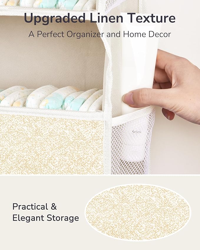 ULG 1 Pack Over Door Organizer with 5 Large Pockets 10 Mesh Side Pockets, Upgraded Linen Texture Over The Door Storage, 44 lbs Weight Capacity Hanging Storage Organizer, Ivory