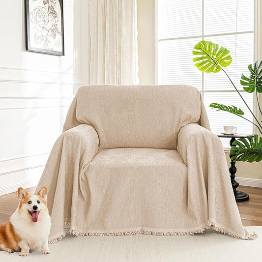 MYSKY HOME Oversized Armchair Couch Cover for 1 Cushion Couch, Washable Sofa Protector, Chair Couch Covers with Tassel Sofa Covers Sofa Throws Sofa Slipcovers Futon Cover for Pet, Kid, 71"X91", Khaki