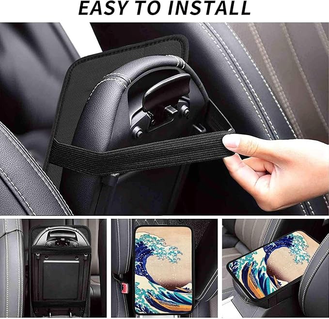 DORKEIXIA Japan Kanagawa Great Wave Auto Center Console Armrest Pad Universal Car Center Console Cover Seat Box Cover for Sedan, Van, SUV, Truck Car Accessorie