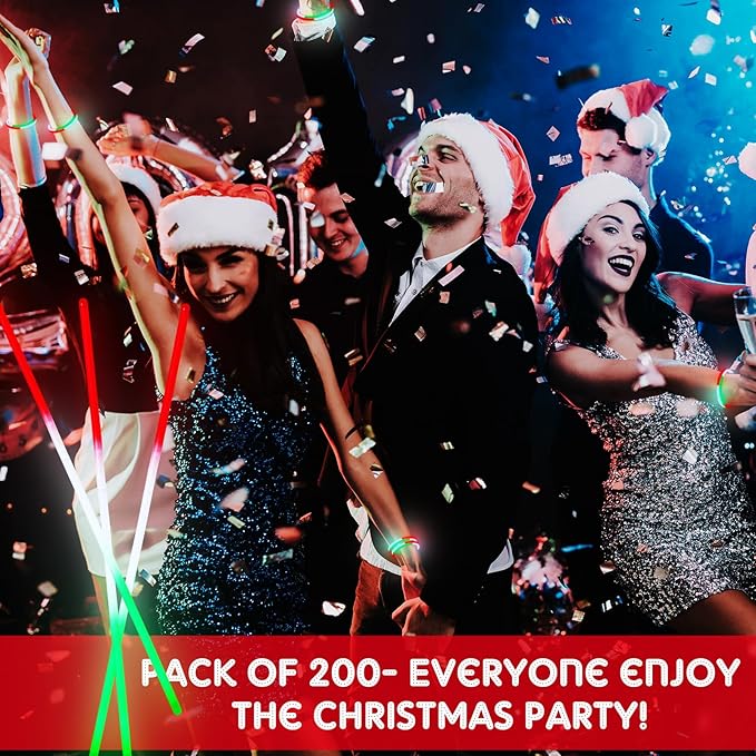 Hanaive 200 Pcs Christmas 8'' Glow Stick Bracelet Bulk Red Green White Glow Stick Bracelet Glow in the Dark Christmas Party Supplies Light up Bracelet for Neon Birthday Memorial Day Favors