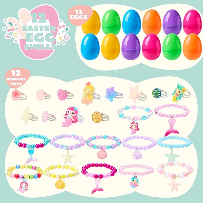 JOYIN 12 Pack Prefilled Easter Eggs with Different Designs of Beads Bracelets and Rings Inside, Jewelry Toys for Easter Basket Stuffers, Kids Egg Hunt, Girls Party Favors, Classroom Prizes Supplies