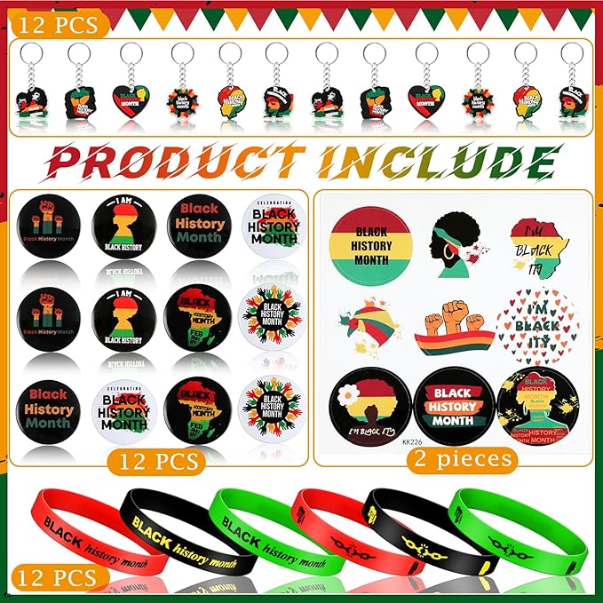 38 Pcs Black History Month Party Favors Including 12 Pcs Elastic Rubber Bracelets 12 Pcs Keychain 12 Pcs Buttons Badges Pins 2 Pcs Labels Stickers for Party African Black Freedom Day Supplies