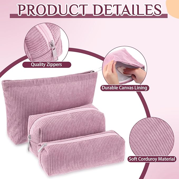 Huhumy 3 Pcs Makeup Bag Set for Women Corduroy Cosmetic Pouch Aesthetic Smile Travel Toiletry Bag Cute Purse Pouch Pencil Case Makeup Brushes Storage Organizer for Valentine(Rose Pink,Solid Style)