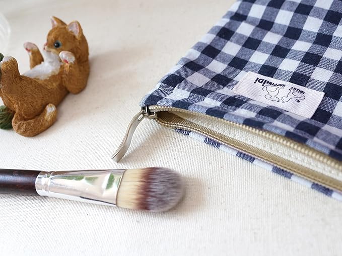 HAPPYHEIDI Navy Blue Gingham Cotton Makeup Bag Cosmetic Toiletry Travel Pouch, Tote Purse Organizer, Zipper Closure, Canvas Lined