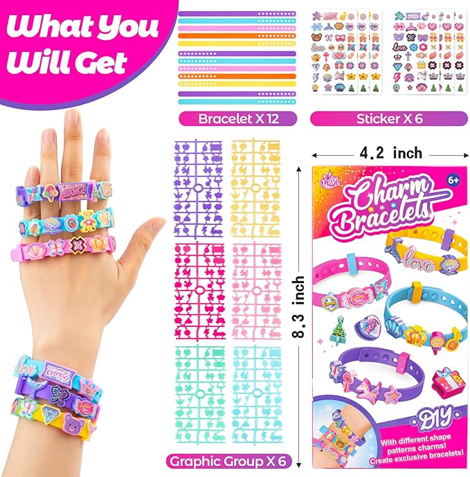 Ambesi DIY Bracelet Making Kit, 12 Pcs Silicone Wristband, Charm Friendship Bracelet Kit for Girls Ages 3+ Years Old, Arts & Crafts Toy, Crafts Gifts Set for Girls Kids Birthday Gift
