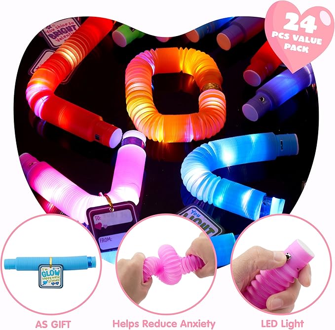 JOYIN 24 PCS Valentine's Day Gifts Cards with Glow Pull Tube Bracelet, Lights Glow in the Dark Toys for Kids Valentine's Party Favors for Classroom Exchange Toy, School Prizes Exchange Gift Rewards
