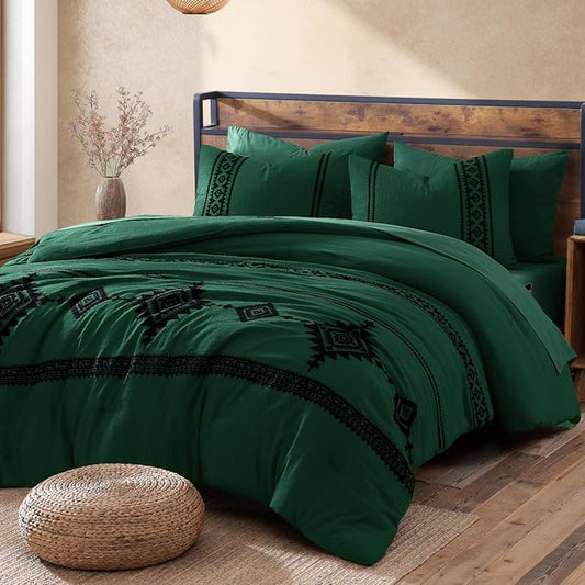 MaiRêve Embroidery Comforter Set, Boho Farmhouse Western Bedding Set, All Season Bed in A Bag Comforter Set with Sheets, Pillowcases & Shams, Emerald Green Full 7 Pieces
