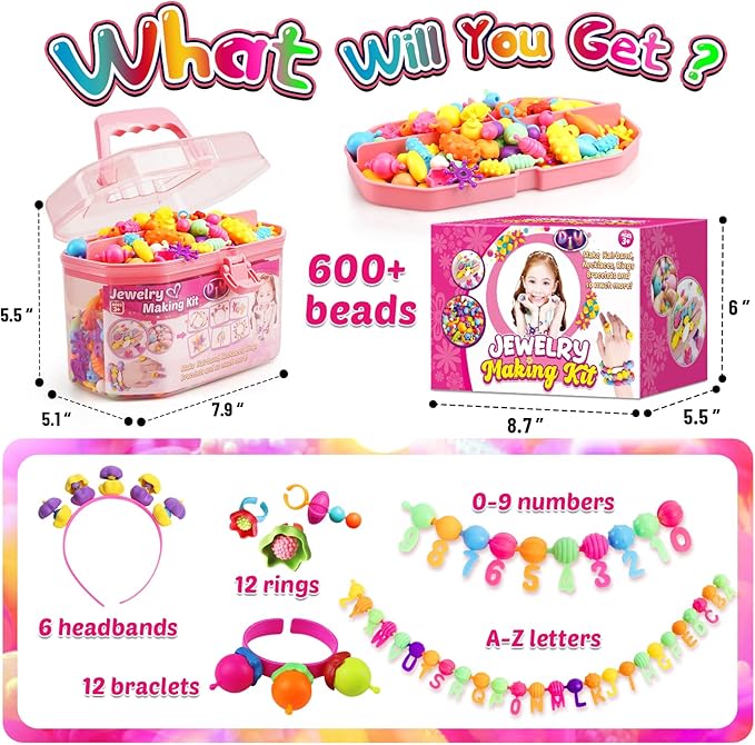 FUNZBO 650pcs Pop Beads - Jewelry Making Kit for 3 4 5 6 7 8 Year Old Little Girls, Arts and Crafts Toys for Kids, Necklace Bracelet Ring Creativity Snap Set Birthday Holiday Easter Gifts