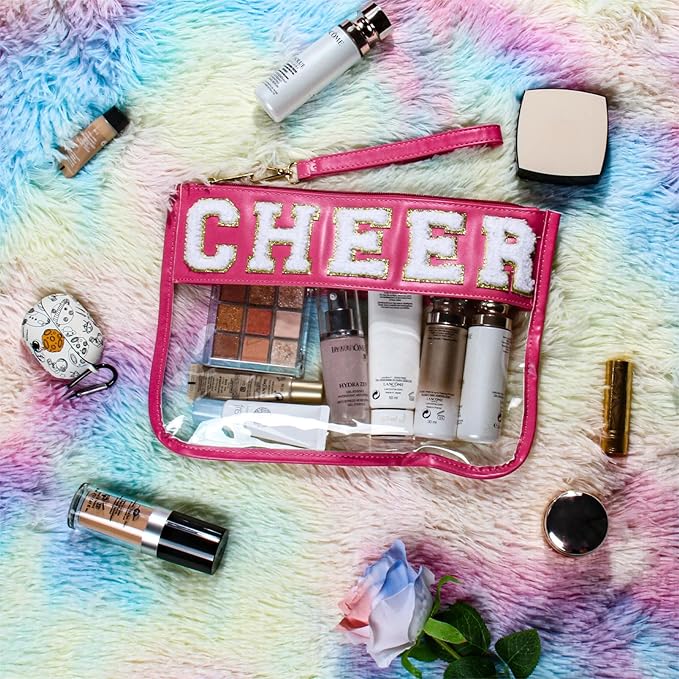 BuyCard Cheer Chenille Letter Bags Clear Makeup Bag, Cheerleader Gifts Cosmetic Bag, Varsity Preppy Patch Flat Pouch Cheer Accessories, Waterproof PVC Organizer Toiletry Bag for Women Girls