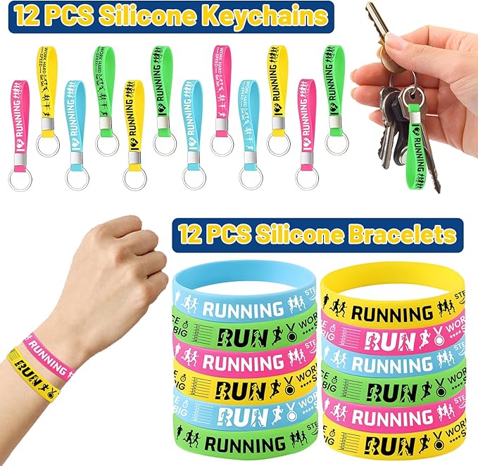 98 PCS Running Party Favors, Running Temporary Tattoos Badges Stickers Silicone Bracelets Keychains for Running Marathon Sport Birthday Party Decorations Supplies Gifts for Runners Kids Teens