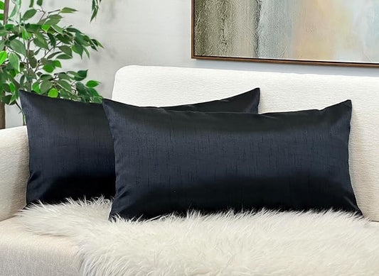 Aiking Home 12x24 Inches Faux Silk Rectangular Throw Pillow Cover, Zipper Closure, Black (Set of 2)
