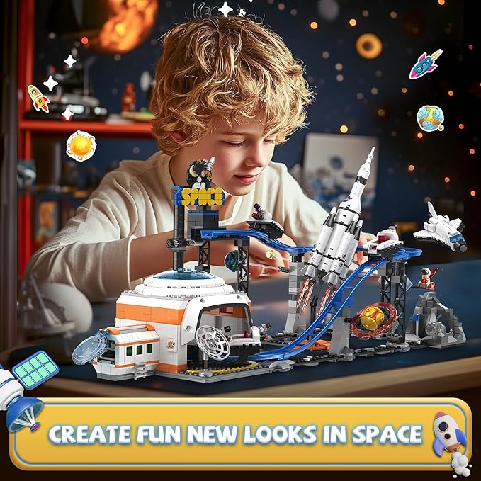 Space Roller Coaster Building Toy for Boys 12+, City Amusement Park Building Block Featuring a Roller Coaster Toy, Lift Platform, Satellites, Rocket, Christmas Toy for Kids Ages 12+, 1288Pcs