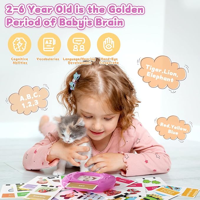 Toddlers Talking Flash Cards with American Accent & 288 Sight Words, Speech Therapy Toys for 3 4 5 6 Years Old Boys and Girls, Learning Montessori Sensory kit, Kids Birthday Gifts (Pink)