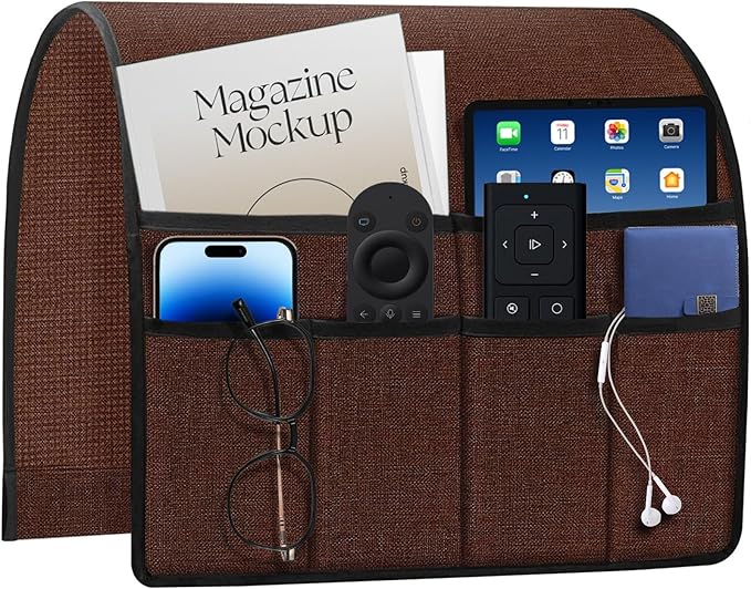 Remote Holder for Recliner Armchair & Couch, Non Slip Sofa Armrest Organizer Caddy with 6 Pockets Thick Linen Fabric Storage for Tablet, Phone, iPad, 19x35 Inches, Chocolate