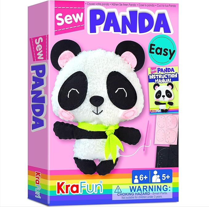 KRAFUN Panda Animal Sewing Kit for Kids Beginner My First Art & Craft, Includes Panda Doll Stuffed Animal, Instructions & Plush Felt Materials for Embroidery, Age 7 8 9 10 11 12