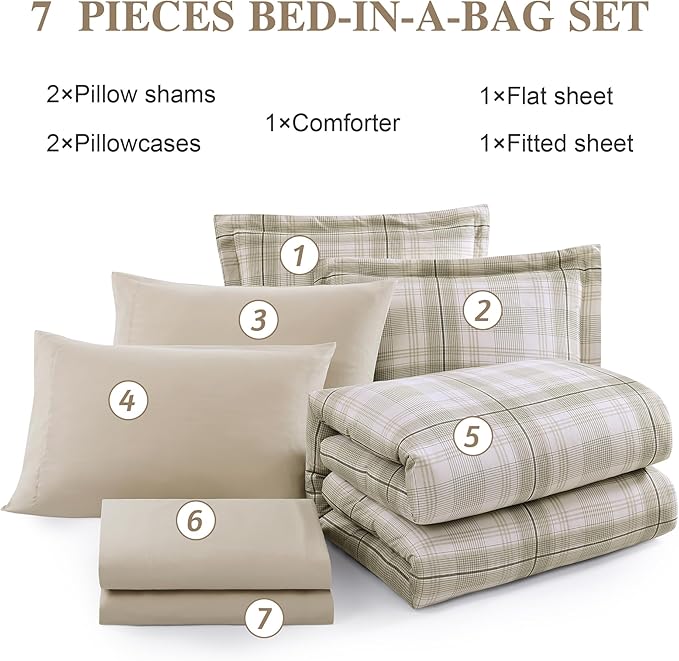 MaiRêve Plaid Full Comforter Sets, Khaki Green Grid Farmhouse Bedding Set Bed in A Bag, Classic Checkered Comforter Sets with Fitted & Flat Sheet, Pillowcases & Shams 80"x90"