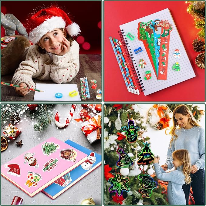 Christmas School Stationery Set with Rulers Pencils Erasers Stickers Treat Bags Party Favors for Kids Students Classroom Gift Exchange School Games Prizes Reward Carnival Holiday Gifts